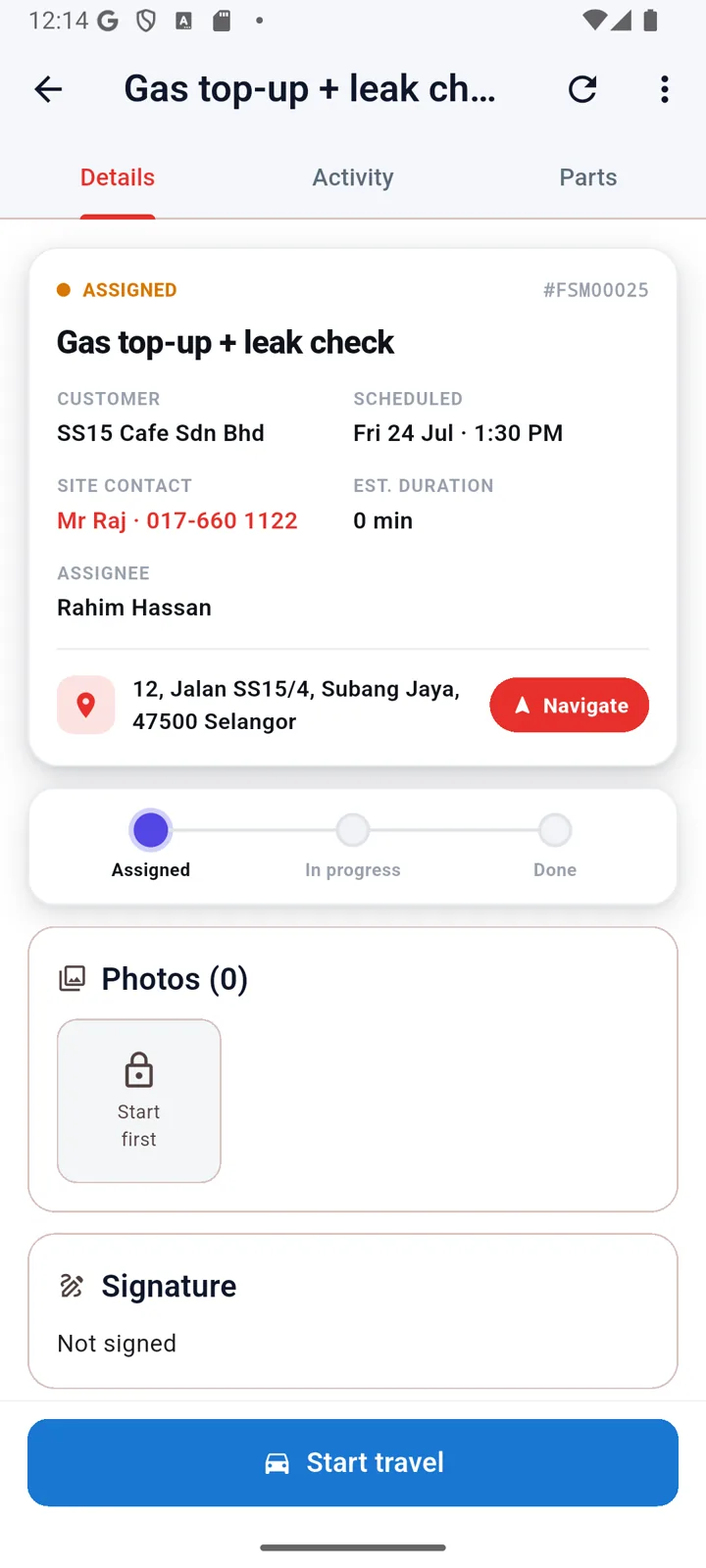 Butiran tugasan FaiServe — ketik untuk panggil, navigasi, stepper status, bukti foto dan tandatangan
