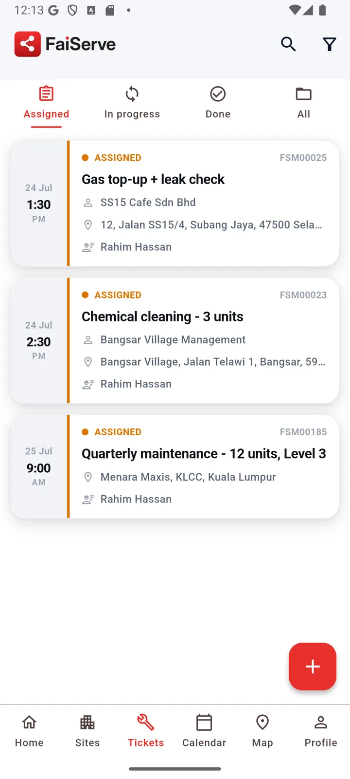 Senarai tugasan FaiServe — kad blok masa mengikut status